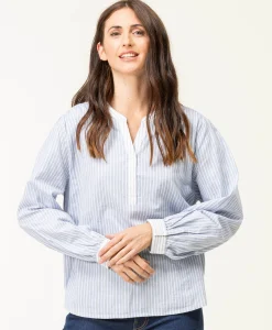 BLOUSE ML FOND NATUREL RAYE BLEU CARDONE