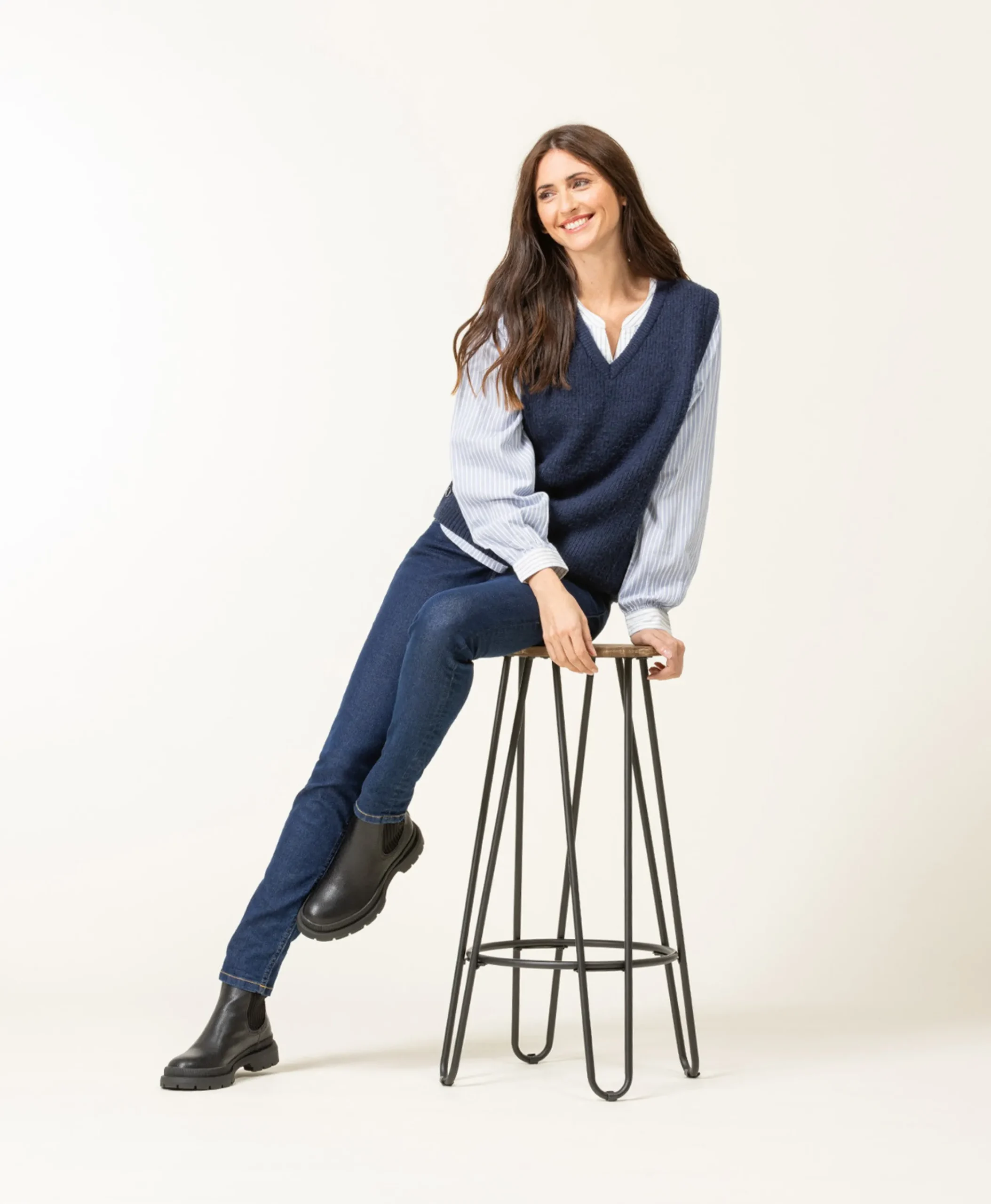BLOUSE ML FOND NATUREL RAYE BLEU CARDONE