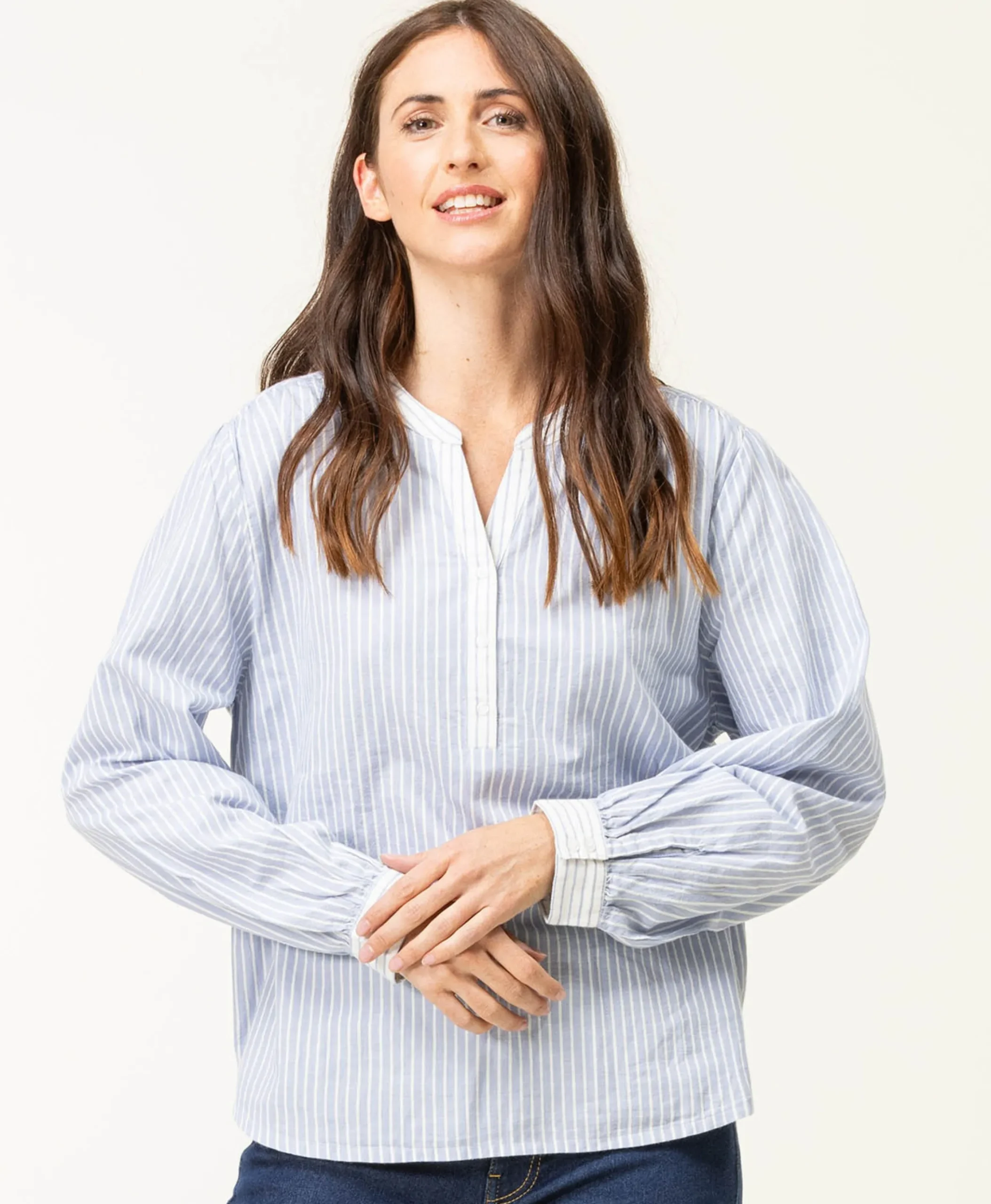 BLOUSE ML FOND NATUREL RAYE BLEU CARDONE
