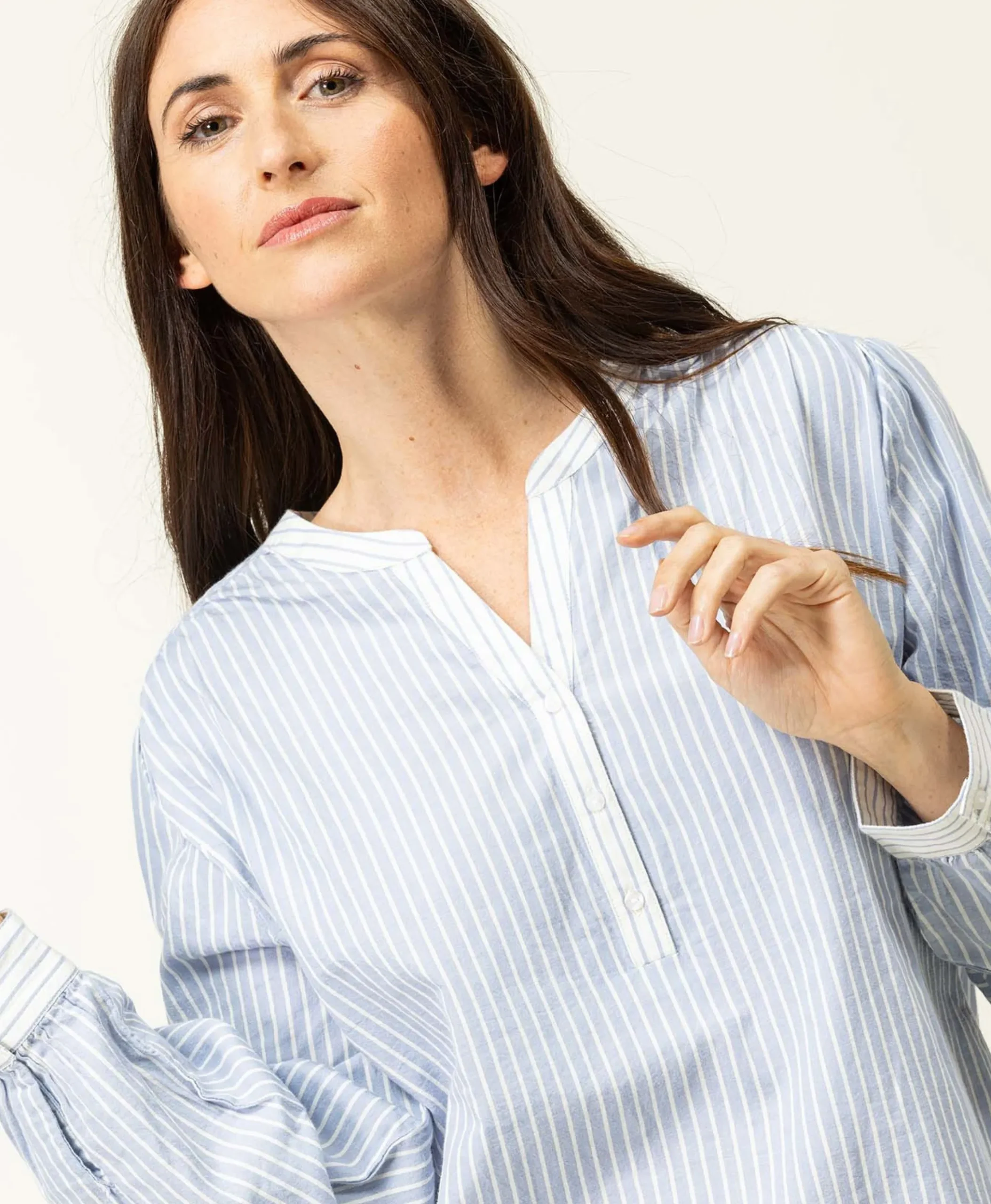 BLOUSE ML FOND NATUREL RAYE BLEU CARDONE
