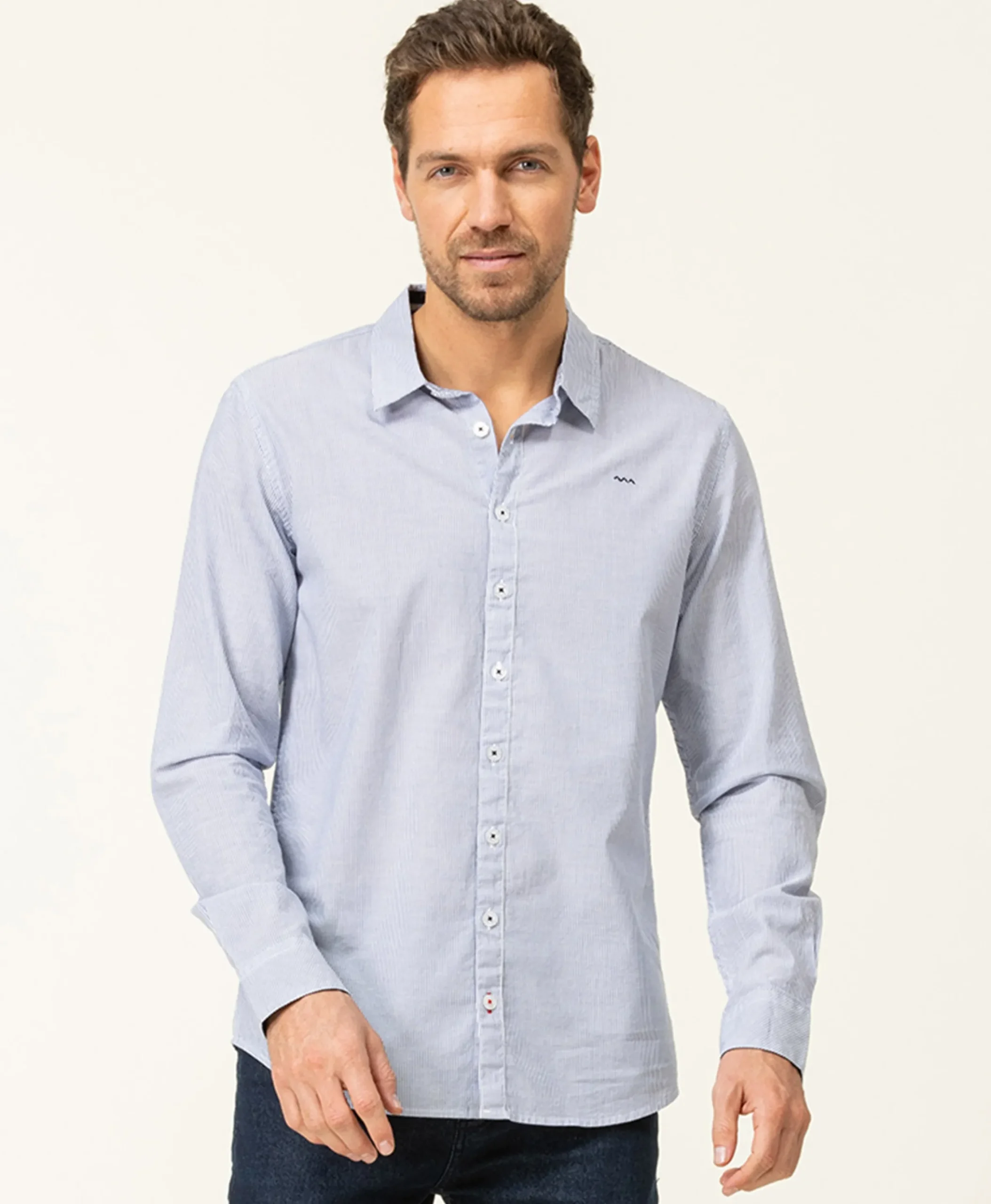 CHEMISE CHEMISIER ML FOND BLANC RAYE BLEU CIEL CAKITE