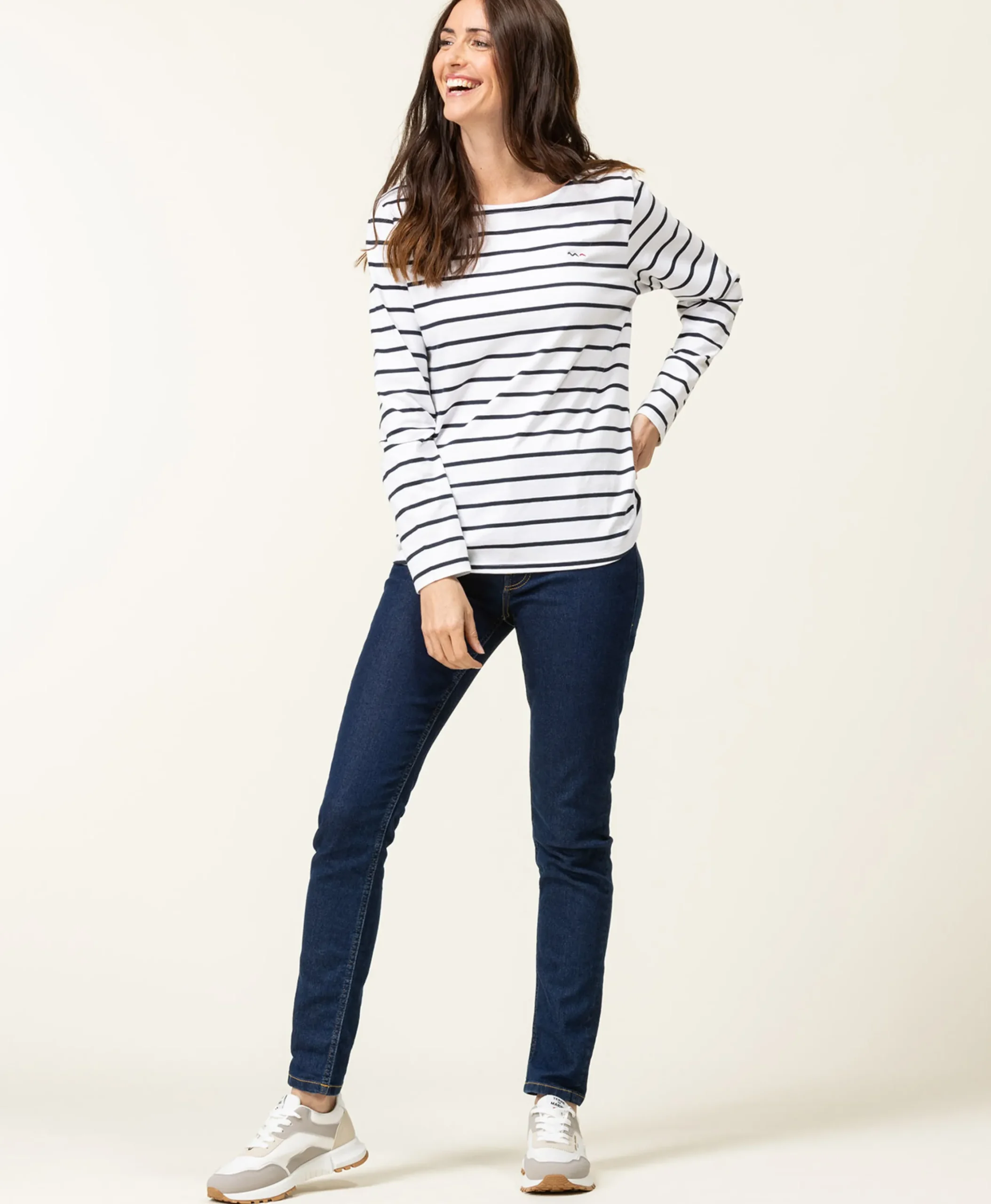 MARINIERE ML FOND BLANC RAYE INDIGO PACAGE