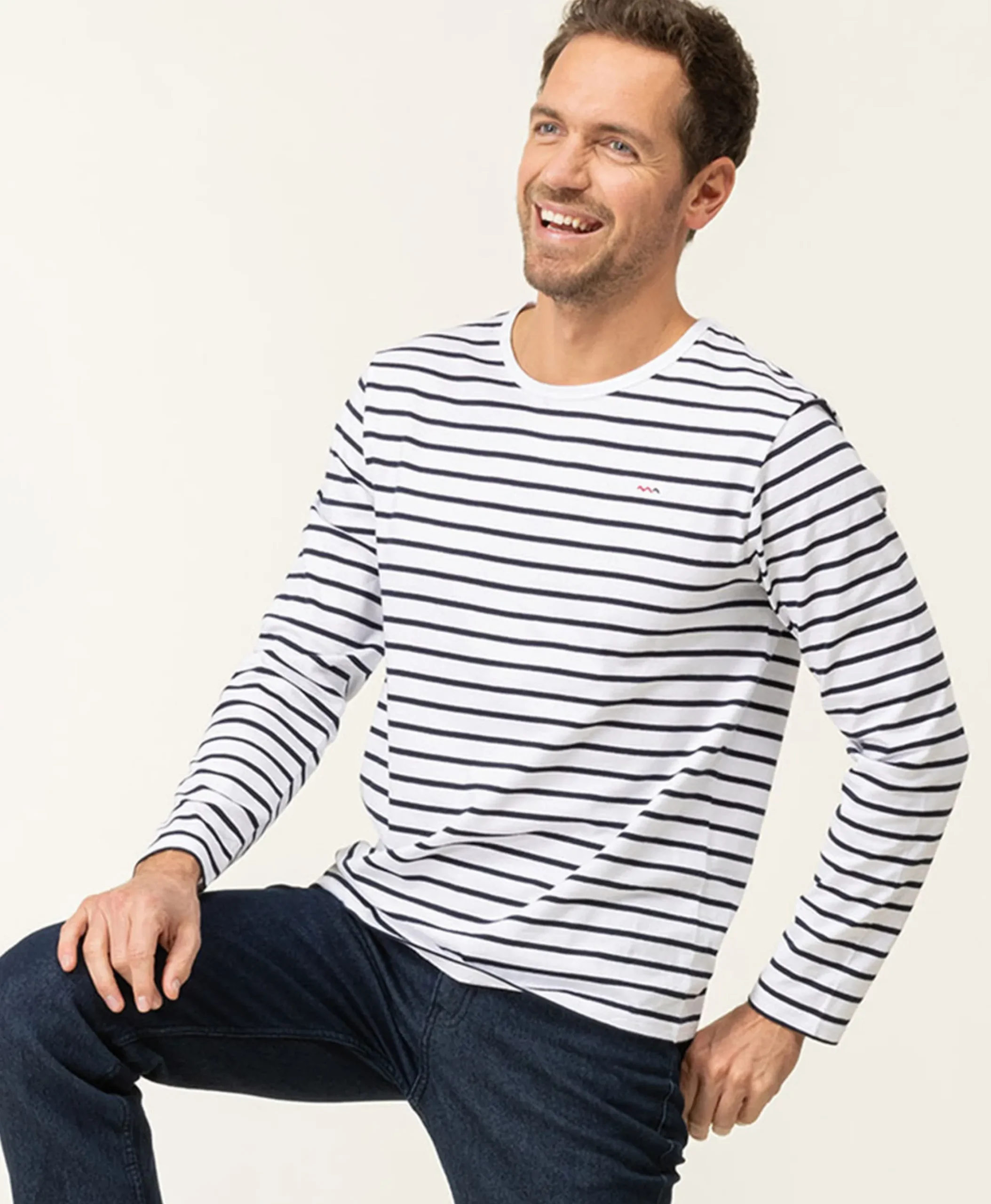 MARINIERE ML FOND BLANC RAYE INDIGO ECOHOL