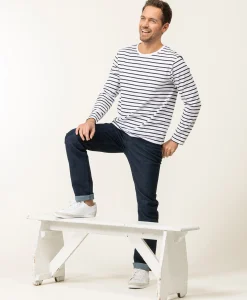 MARINIERE ML FOND BLANC RAYE INDIGO ECOHOL