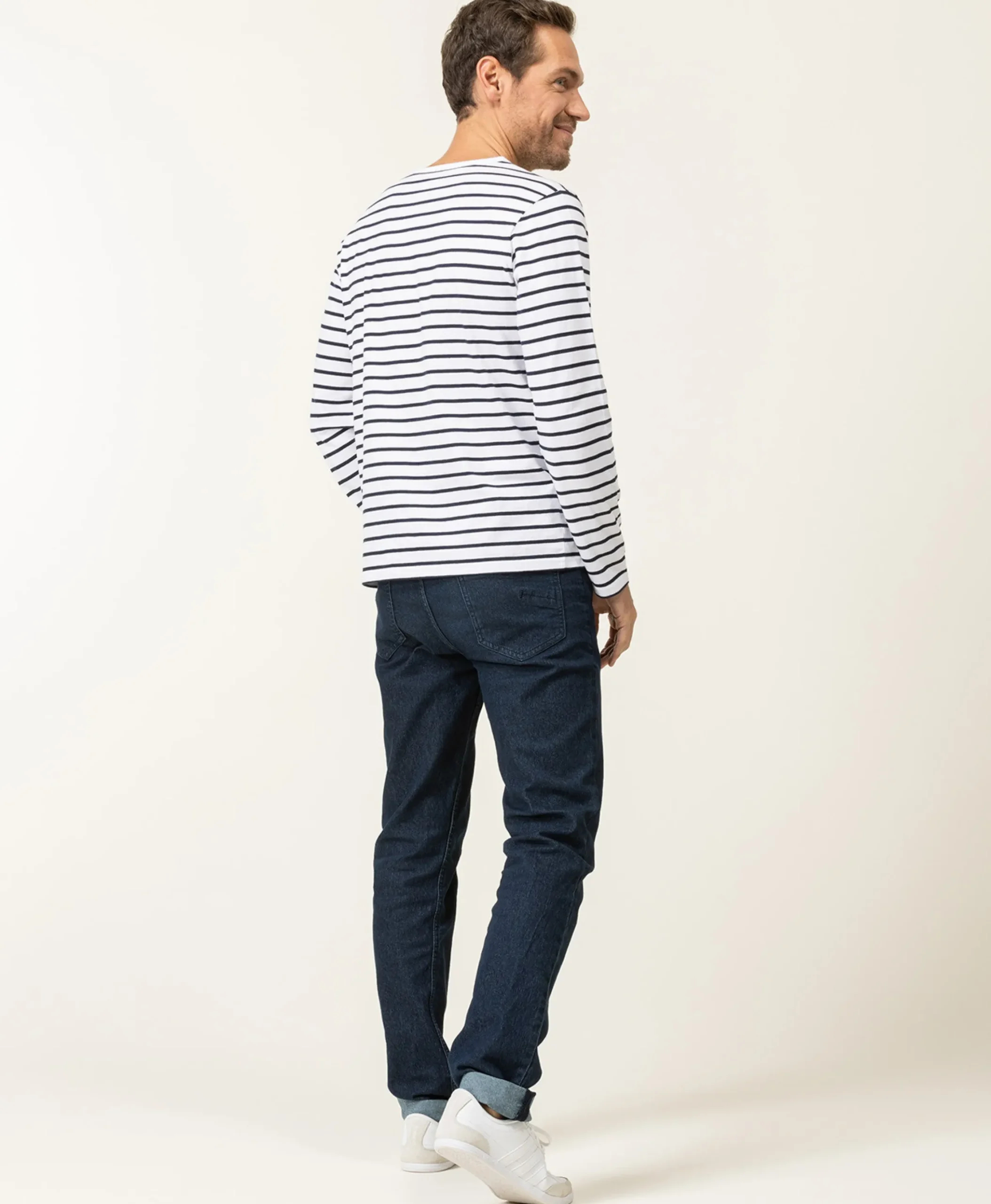 MARINIERE ML FOND BLANC RAYE INDIGO ECOHOL