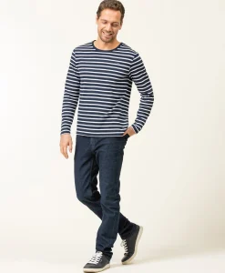 MARINIERE ML FOND INDIGO RAYE BLANC ECOHOL
