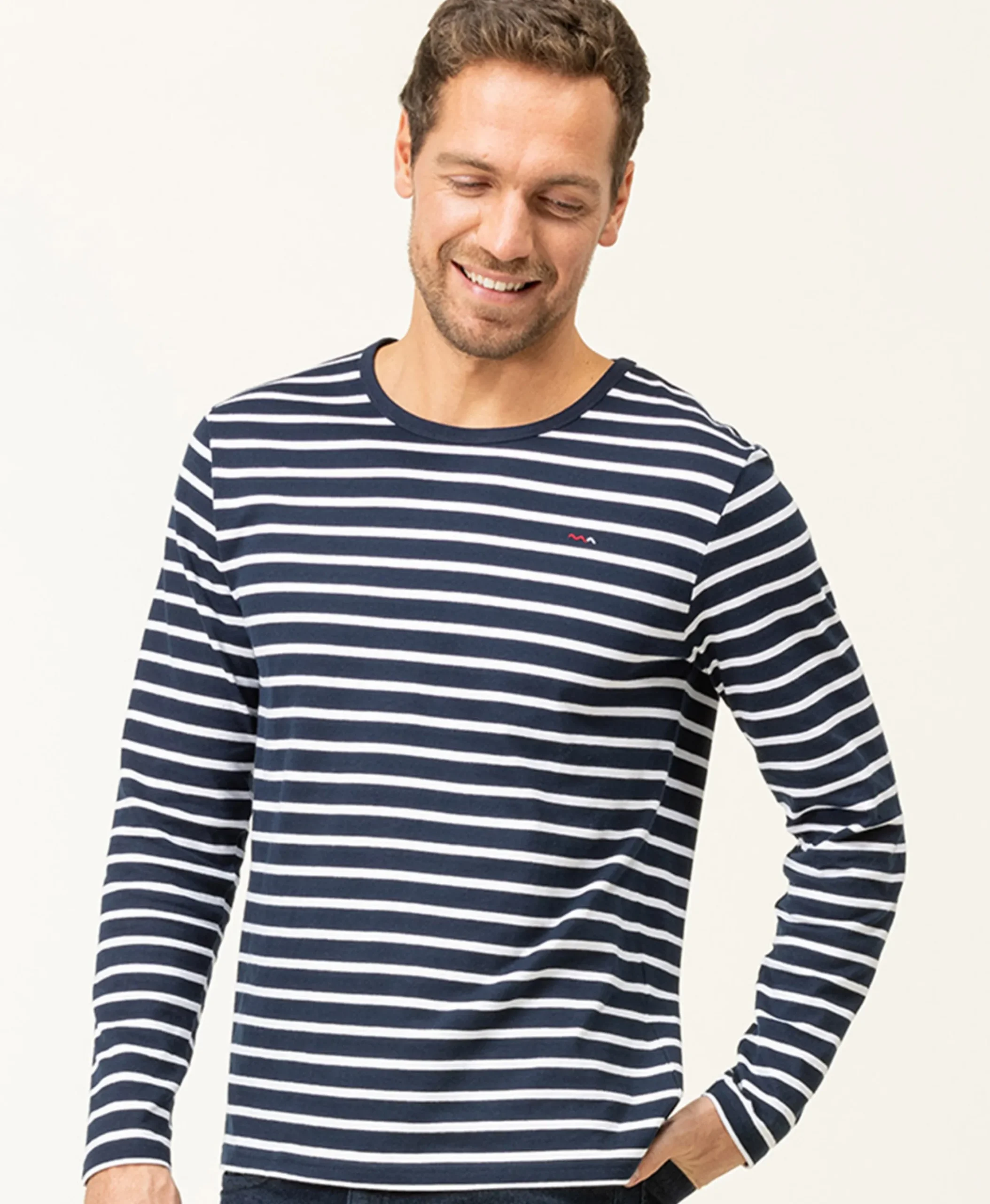 MARINIERE ML FOND INDIGO RAYE BLANC ECOHOL
