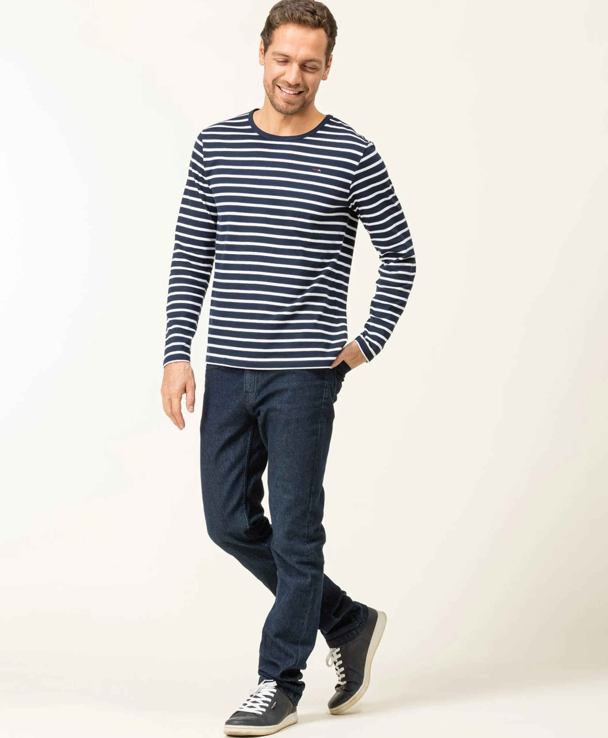 MARINIERE ML FOND INDIGO RAYE BLANC ECOHOL