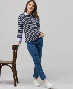 POLO M3/4 FOND INDIGO RAYE BLANC ANITA