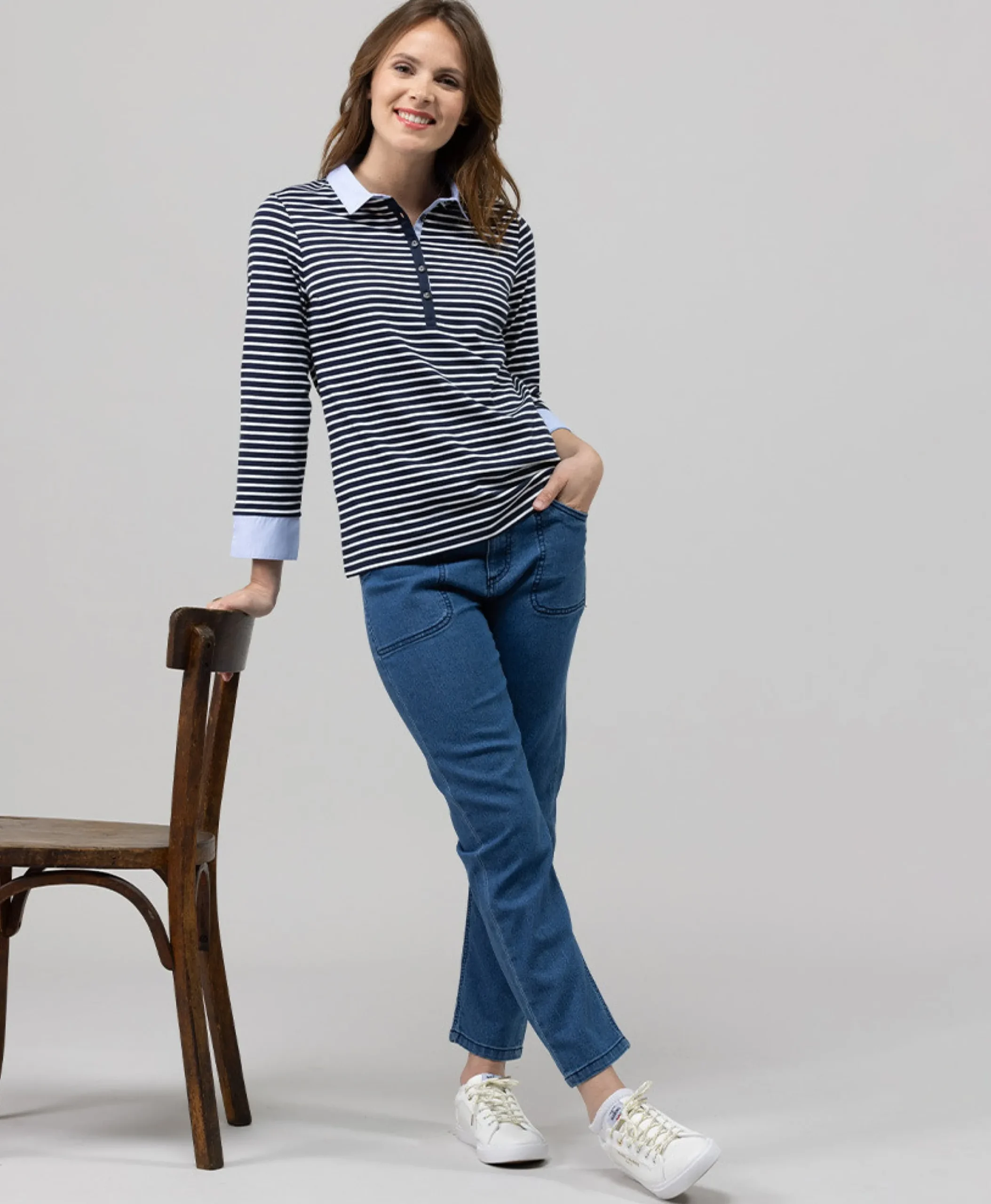 POLO M3/4 FOND INDIGO RAYE BLANC ANITA