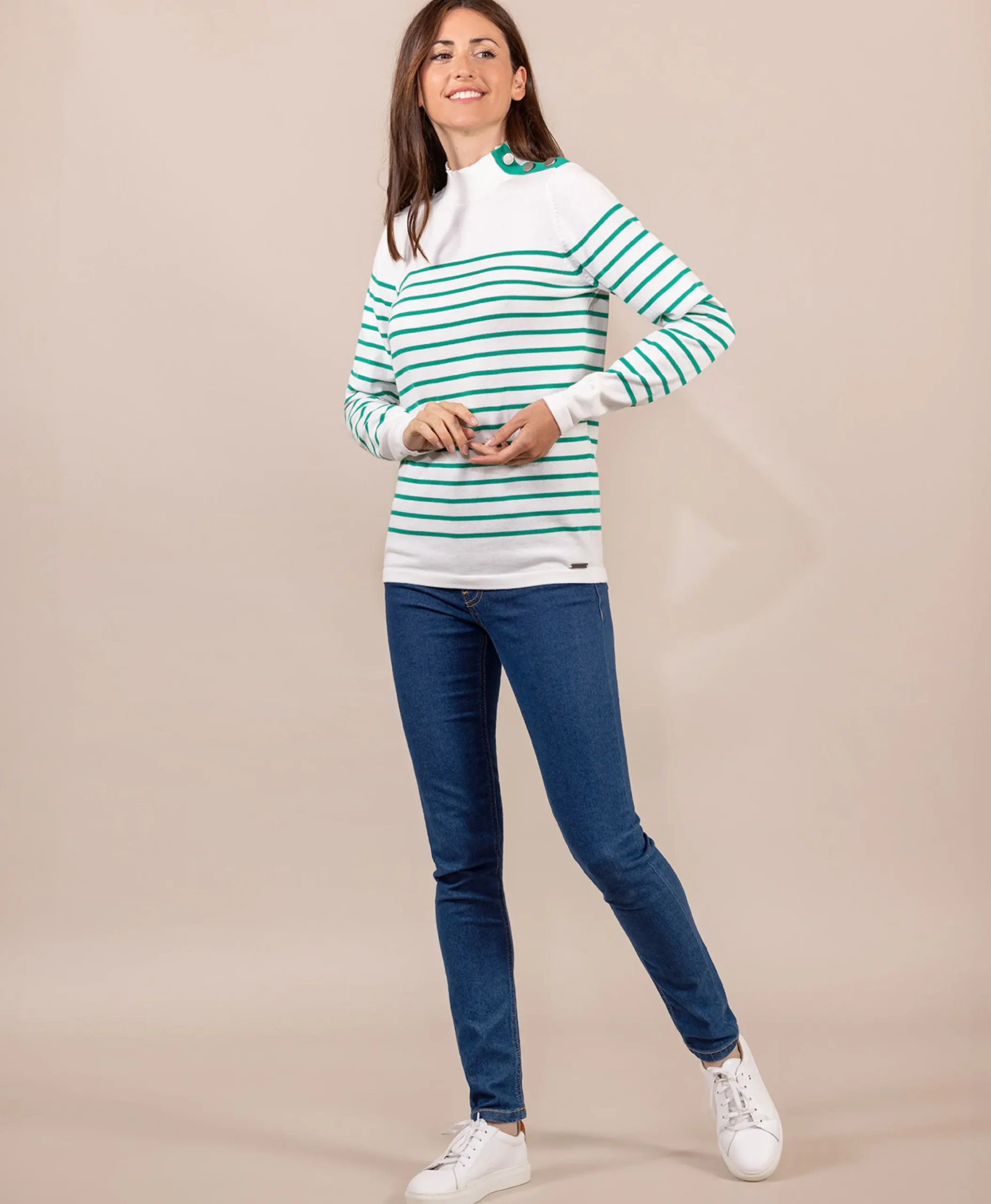 PULL FOND NATUREL RAYE VERT PRICHA