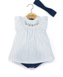 ROBE + BAS RAYE BLANC / BLEU CALYPSE