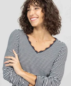 TEE SHIRT ML FOND NATUREL RAYE INDIGO RAIES